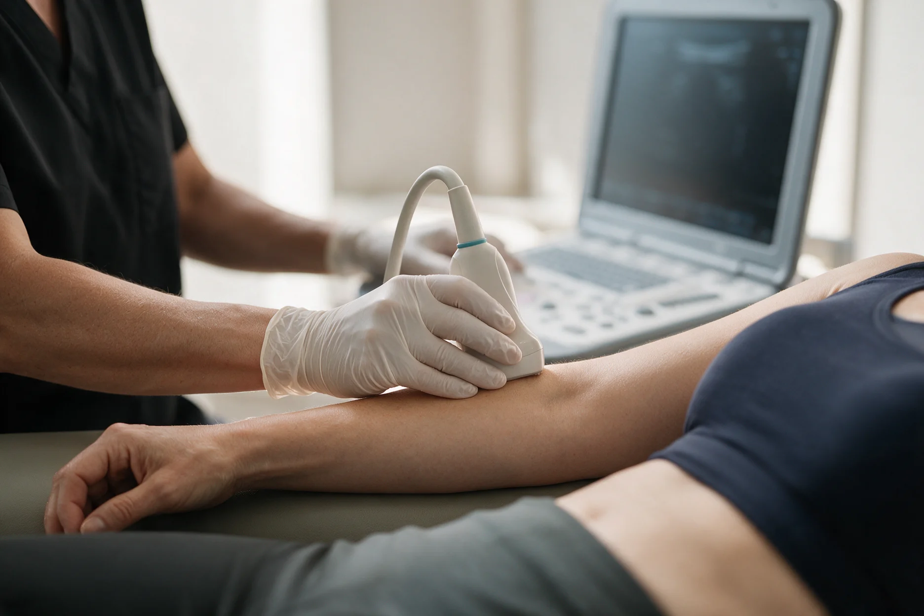 A clinician performing a diagnostic ultrasound.